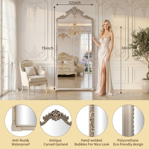 Wall Mount Arched Full Length Mirror,76"x34" Traditional Ornate Vintage Floor Standing Frame for Bedroom Body Hanging Leaning,Baroque Antique Vintage Long Mirrors for Wall,Decor, Living Room, Bedroom - Image 5