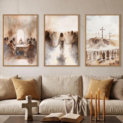 LHIUEM Large Jesus Neutral Framed Canvas Wall Art Set,Christ Church Wall Decor,Christian Bible Story Religious Easter Last Supper Artwork for Living Room,Churches,Prayer Room Decor- 24''x36''x3 by LHIUEM