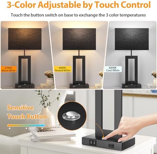 3 Color Temperatures Black Table Lamps for Bedrooms Set of 2, 22’’ Touch Control Bedside Nightstand Lamps with 2 USB Ports & AC Outlet, Modern Lamp Sets for Living Room, Stepless Dimming, Black Shade - Image 2
