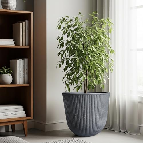 WORTH Garden Round Large Planter Pot Set of 2-17.5" Dia x 15.5" H - Durable Plastic Grey Plant Tree Pots with Vertical Stripe Textured Finish, Drainage Hole for Indoor, Outdoor, Front Porch, Patio - Image 3