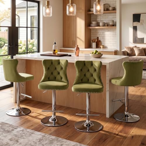 SoarFlash Velvet Bar Stool Set of 4, Adjustable Swivel Bar Stools with Silver Plated Metal Leg, Button Tufted, Footrest, Chrome Nailhead, Pub Chair for Kitchen, Bar, Dining Room (Olive Green) by SoarFlash