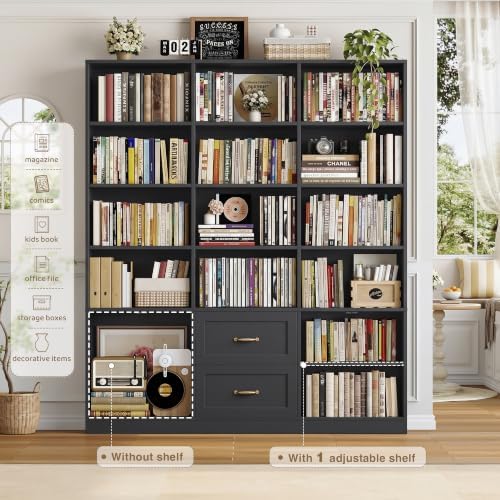 HOSTACK 71" Tall Triple Wide Bookshelf with Storage Drawers & Doors, Black - Image 5