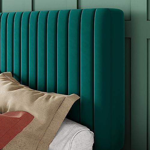 Allewie King Bed Frame, Velvet Upholstered Platform Bed with Adjustable Vertical Channel Tufted Headboard, Mattress Foundation with Strong Wooden Slats, Box Spring Optional, Easy Assembly, Teal - Image 4