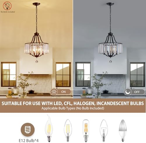 Black Crystal Chandeliers for Dining Room, 4-Light Modern Round Chandeliers 15.7" for Living Room Kitchen Hallway Bedroom Foyer Hall, Adjustable Height Hanging Light Fixture - Image 6