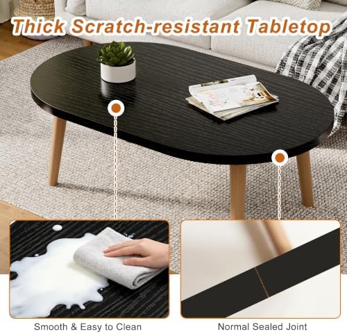 Coffee Table Low Table with Solid Wood Legs, 31.5x19.7 Large Coffee Table Side Table, Floor Table Desk for Sitting on The Floor, Living Room Furniture for Office Apartment Home, Oval Black - Image 5