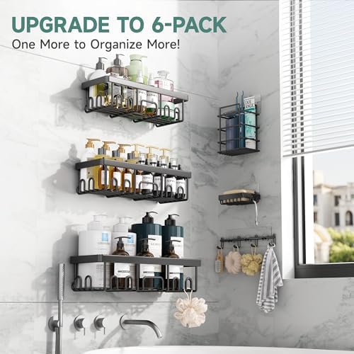 Veken Shower Caddy 6-Pack with Hooks, Bathroom Organizers & Storage, Black - Image 5
