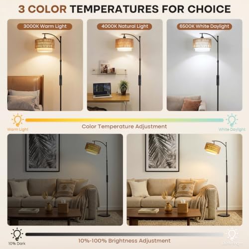 Arc Floor Lamp for Living Room with Remote, 57.5"-67" Height Adjust Dimmable Bulb Floor Lamps with 3 Color Temps, Boho Standing Lamp with Rattan & Fabric Shades, Farmhouse Tall Lamp for Bedroom Corner - Image 2