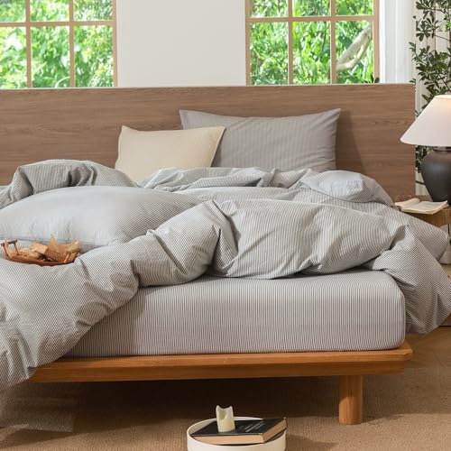 MooMee Striped Duvet Cover Set 100% Washed Cotton Linen Like King - Image 4