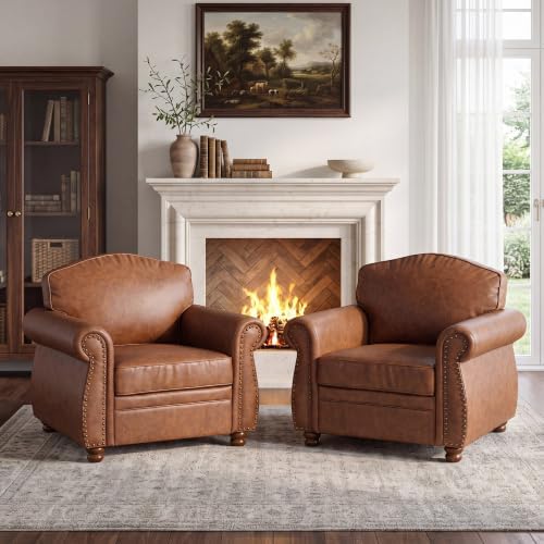 Vintage Oversized Faux Leather Chair Set of 2 for Living Room, 41", Caramel by LANDASSYHOME