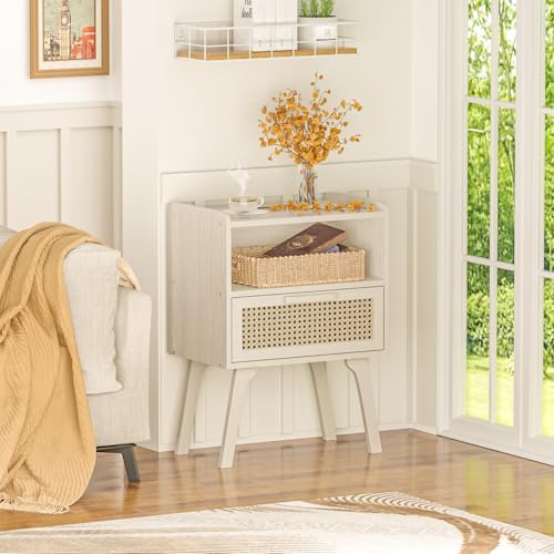 Lerliuo Rattan Nightstands Set of 2, Side Table with Drawer Open Shelf - Image 5