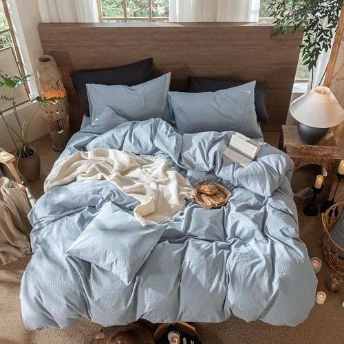 MooMee Wavy Striped Duvet Cover Set 100% Washed Cotton Linen Like Textured Breathable Durable Soft Comfy (Cornflower Blue, Cal King 104"x98") - Image 4