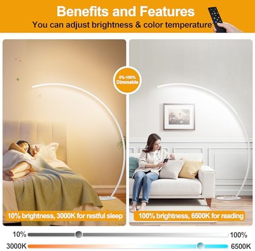 2000LM Ultra-Wide Coverage LED Lamps for Living Room with 3 Color Temperatures, White Dimmable Arc Floor Lamps, Modern Standing Tall Lamp with Remote Control Reading Floor Lamp for Bedroom Office - Image 4