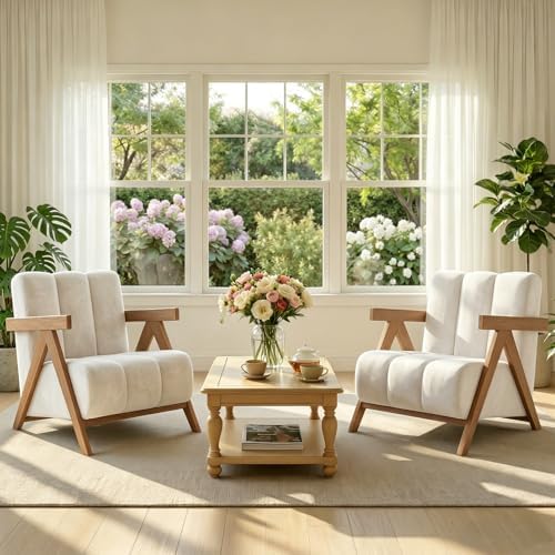 Modern Accent Chair Set of 2 for Living Room Bedroom,Comfy Chenille Reading Chair with Wood Frame,Upholstered Lounge Armchair with Thick High-Elastic Sponge for Apartment & Waiting Room(White,2) by GaussenFurniture