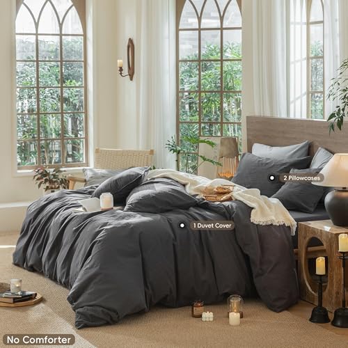 MooMee Wavy Striped Duvet Cover Set 100% Washed Cotton Linen Like Textured Breathable Durable Soft Comfy (Charocal Grey, Queen 90"x90") - Image 2