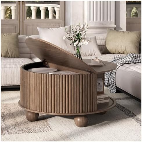 JOINICE 31.5" Round Coffee Table with Storage,Unique Bun Feet,Walnut Finish - Image 6