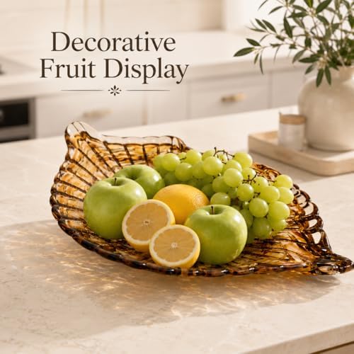 Hand Blown Glass Seashell Fruit Bowl,Gradient Decorative Glass Bowl for Kitchen Countertop,Coastal Seashell Serving Tray for Fruit Snacks,Art Table Centerpiece for Beach House Kitchen Decor (Brown) - Image 5