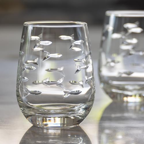 Rolf Glass School of Fish Clear Stemless Wine Glass | Set of 2 Stemless Glasses | 15oz Glass Tumblers | Engraved Lead-Free Coastal Glassware | Made in the USA - Image 3