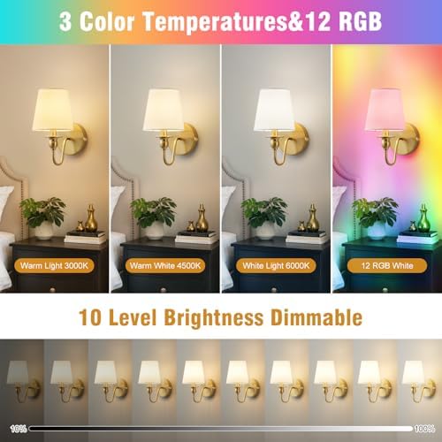Battery Operated Wall Sconces set of Two,Wireless Wall Sconces with 10000mAh Dimmable Bulb and Remote,LED 15 Colors Rechargeable Gold Wall Sconce with Fabric for Bedroom Living Room Hallway Wall Decor - Image 2