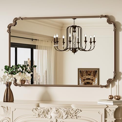 TETOTE Baroque Gold Antique Brass Scroll Wall Mirror 48 x 30 Vintage Rectangle Framed Baroque French Rectangular Mirror for Mantle Fireplace Bathroom Living Room, Horizontal/Vertical by TETOTE