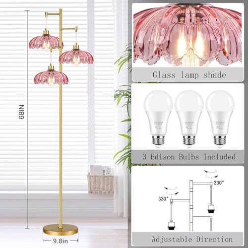 QIYIZM Pink Floor Lamp for Living Room,Bedroom,Gold Mid Century Modern Standing Lamp Brass Tree 3 Light Tall Floor Lamps Vintage Retro Floor Lights Glass Flower Lamp Shade Farmhouse Boho Bohemian - Image 5