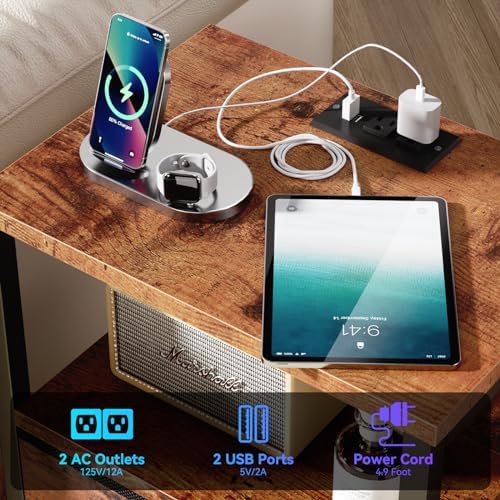 Night Stand Set 2 with Charging Station, LED Light, 2 Drawers, Rustic Brown - Image 4