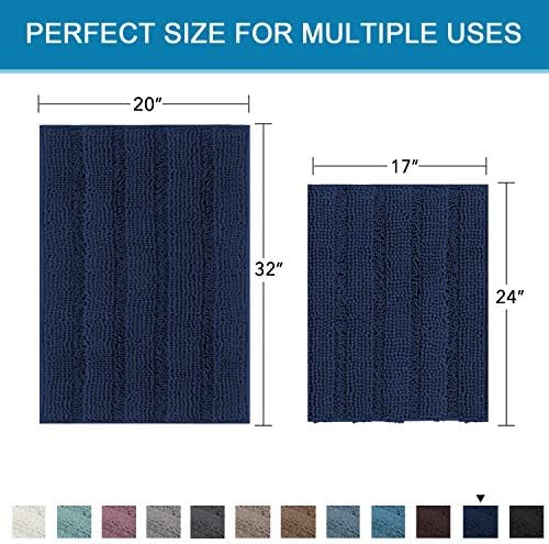 H.VERSAILTEX Navy Blue Bathroom Rugs 2 Piece, Bath Mat Set Slip-Resistant Extra Absorbent Soft and Fluffy Striped Chenille Bath Rugs, Floor Mats Dry Fast Machine Washable (20" x 32"/17" x 24") - Image 2