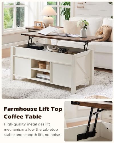 OKD 48" Farmhouse Lift Top Coffee Table, Sliding Barn Door, Antique White - Image 2