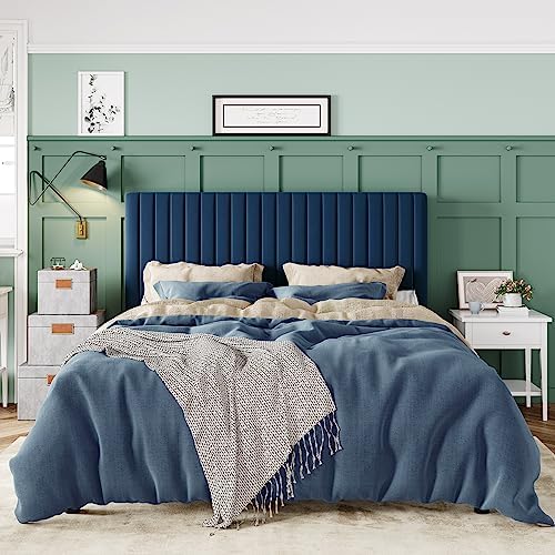Allewie Full Bed Frame, Velvet Upholstered Platform Bed with Adjustable Vertical Channel Tufted Headboard, Mattress Foundation with Strong Wooden Slats, Box Spring Optional, Easy Assembly, Navy Blue - Image 3