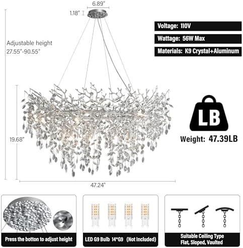 YUYI 47" Silver Tree Branch Chandelier, 14-Light Modern Crystal Chandelier, Round Chandeliers for Dining Room, Living Room, Foyer, Entryway, Kitchen, Bedroom, Luxury K9 Crystal Raindrop Fixture - Image 4