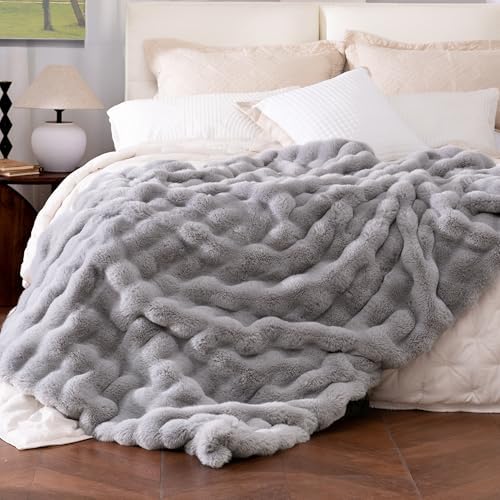 Ultra Soft Cozy Faux Fur Throw Blanket, Fuzzy Plush Thick Bubble Blanket, Oversize Luxury Fluffy Blanket for Couch, Bed, and Living Room, 60x80 Inches, Light Grey by blunique