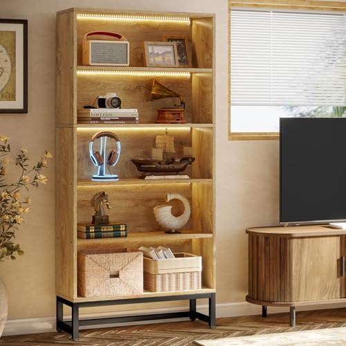 Tribesigns Tall Bookcase and Bookshelf, 70.8" Large Bookcases Organizer with LED Lights, Heavy Duty Free-Standing Library Bookshelf with 5-Tier Storage Shelves for Living Room, Bedroom (Brown) - Image 5