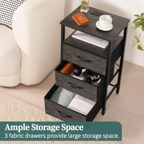 Yoobure Night Stand with Charging Station, 3 Fabric Drawers Nightstand, Bedside Tables with Storage Shelf, End Table with 16 Colors LED, Small Dresser for Small Space, Gray - Image 5