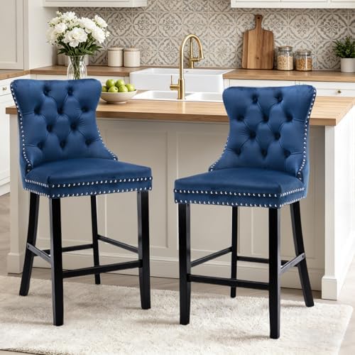 SoarFlash Modern Velvet Upholstered Bar Stools Set of 2 with Wood Legs, Button Tufted,Chrome Nailhead, Counterstool Seat, Armless Bar Chairs (Blue) - Image 4