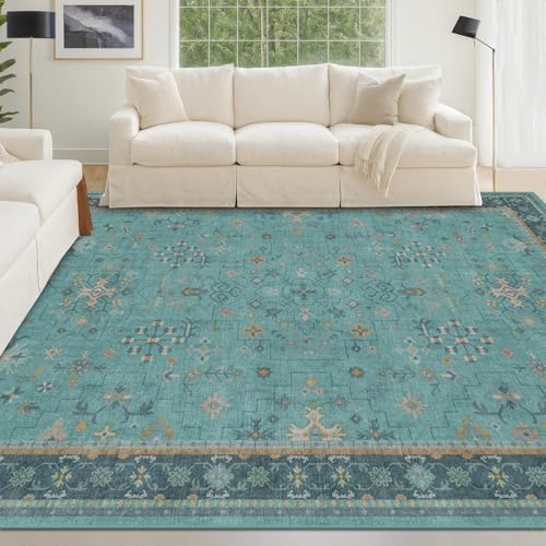 Boho Teal 6x8 Rug for Living Room, Washable Area Rugs for Bedroom, Dining Room Under Table, Vintage Turquoise Décor Indoor, Low Pile & Soft Carpet by HazoHaus