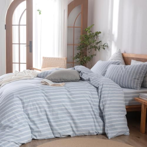 BESTOUCH Striped Cotton Duvet Cover Set Linen Feel California King - Image 4