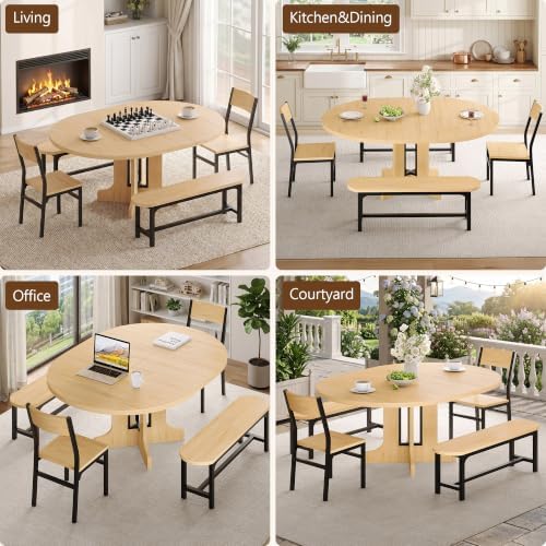 Einhomn 59" Extendable Round Dining Table Set for 4-6, 5-Piece Kitchen & Dining Room Table with 2 Chairs & 2 Benches, Wood Oval Dinner Table with Heavy Duty Pedestal Base, for Small Spaces, Oak - Image 7