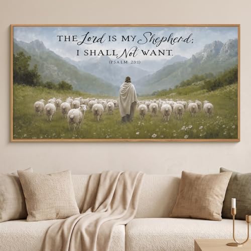 LHIUEM Large Christian Bible Verse Framed Canvas Wall Art,Jesus with Lamb Wall Decor,Vintage Religious Art Prints,Faith Scripture Landscape Artwork for Living Room,Prayer Room,Church -20"x40"x1 - Image 2