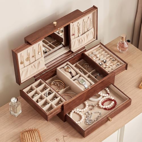 Walnut Wooden Jewelry Box for Women, with Mirror, 3 Layer by Homruilink
