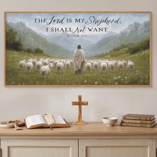 LHIUEM Large Christian Bible Verse Framed Canvas Wall Art,Jesus with Lamb Wall Decor,Vintage Religious Art Prints,Faith Scripture Landscape Artwork for Living Room,Prayer Room,Church -20"x40"x1 - Image 4