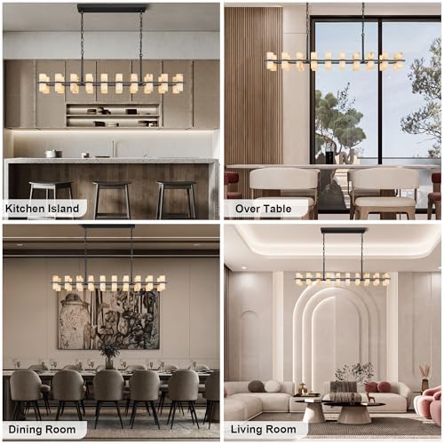 Alabaster Rectangular Chandelier for Dining Room, L54in Modern Chandeliers, Adjustable Marble Pendant Light Fixture, Rectangle Chandelier for Dining Table Living Room Kitchen Island(Black) - Image 3