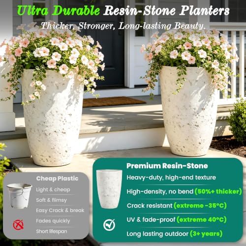 Autodaya 19.5" Resin Tall Planters for Outdoor Plants, Set of 2 Flower Pots - Image 3