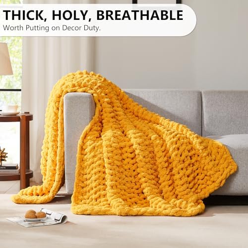 L'AGRATY Chunky Knit Throw Blanket for Couch, 80 x 90 Inches Mustard Yellow - Image 5