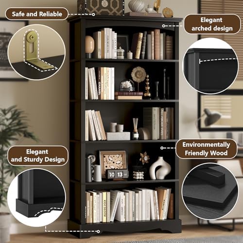 TVU 5-Tier Wooden Bookshelf, 31.5" W x 65" H ×9.9" D Bookshelf with Storage, Floor Standing Modern Style Display Bookcase for Living Room, Office, Study Room, Entryway, Black - Image 5