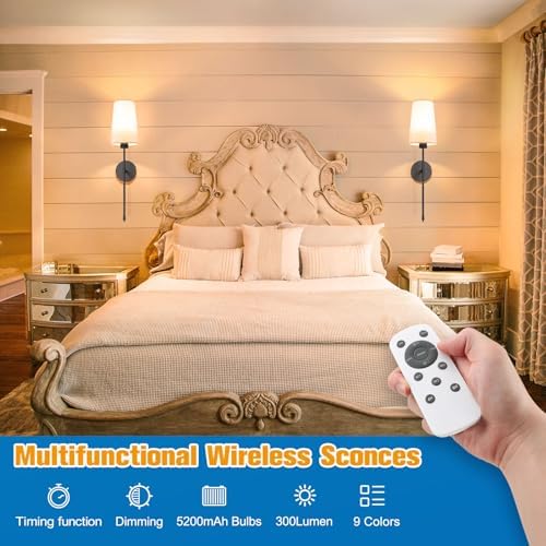 NIORSUN Black Battery Operated Wall Sconce Set of 2,Rechargeable Wall Lights with 10400mAh Dimmable Detachable Bulbs and Remote,9 Colors Wireless Sconces for Bedroom Living Room Hallway - Image 2