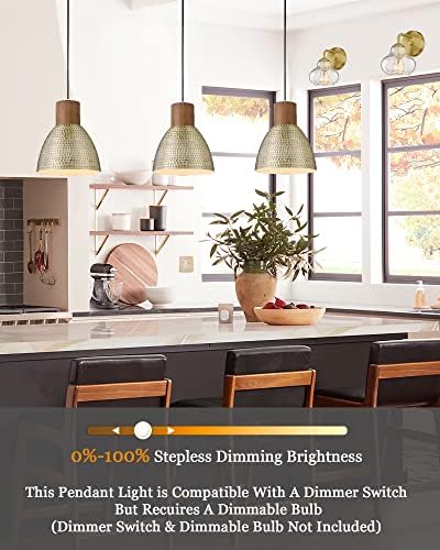 ELYONA Hammered Pendant Lights for Kitchen Island, 7” Small Solid Wood Vintage Metal Hanging Light Fixture Adjustable Height Antique Gold Pendant Lamp for Farmhouse, Dining Room, Brushed Brass, 3 Pack - Image 2