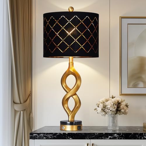 Cinyirong 30" Black and Gold Table Lamp for Living Room, Modern Touch Control Bedside Lamp for Bedroom, 3-Way Dimmable Sculptural Resin Nightstand Lamp with USB A+C Ports and 1 LED Bulb (1 Pack) by Cinyirong