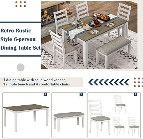 Rustic Farmhouse 6-Piece Dining Room Table Set, Counter Height Wooden Kitchen Dining Set with 4 Upholstered Chairs and Padded Bench, Kitchen Set for 6 (Brown+Whitewash) - Image 6