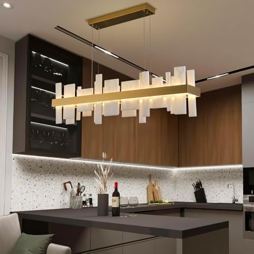 Alabaster Rectangle Chandelier, Natural Spanish Stone Texture Chandeliers, 46.8" Adjustable Alabaster Chandelier Over Table for Dining Room, Bedroom, Island– Modern Luxury Ceiling Lighting - Image 5