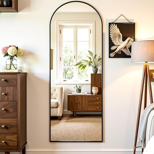 Oversized Floor Mirror, 58"x18" Arched Full Length Mirror, Black - Image 3