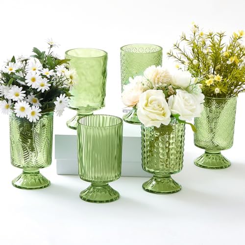 6 Pcs (H:7" W:4") Embossed Flower Vase Pedestal Glass Vase, Green by Unknown